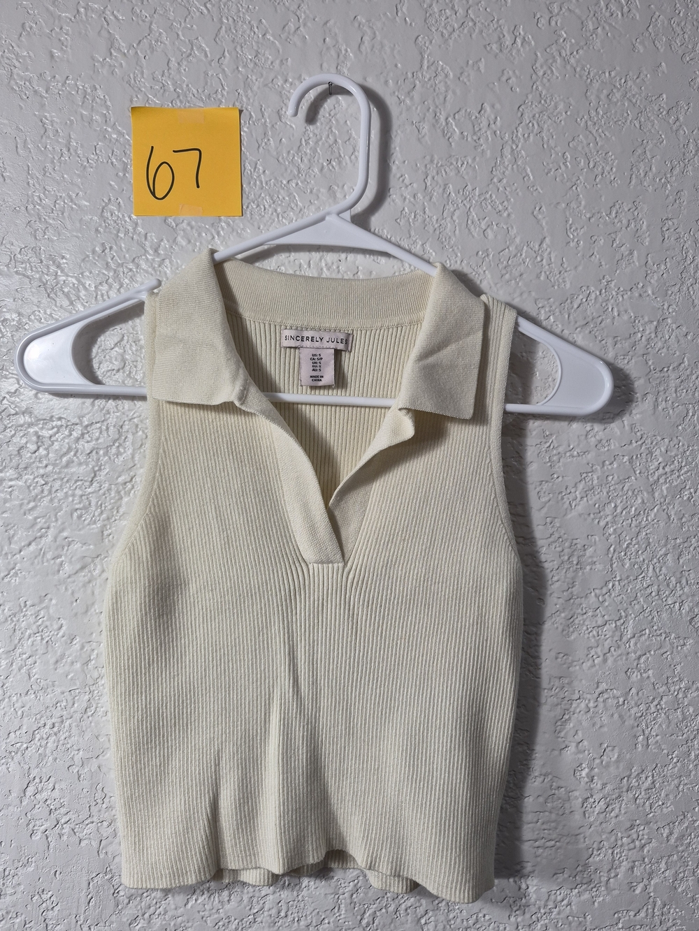 Sincerely Jules Cream Ribbed V‑Neck Polo Tank Top - SMALL